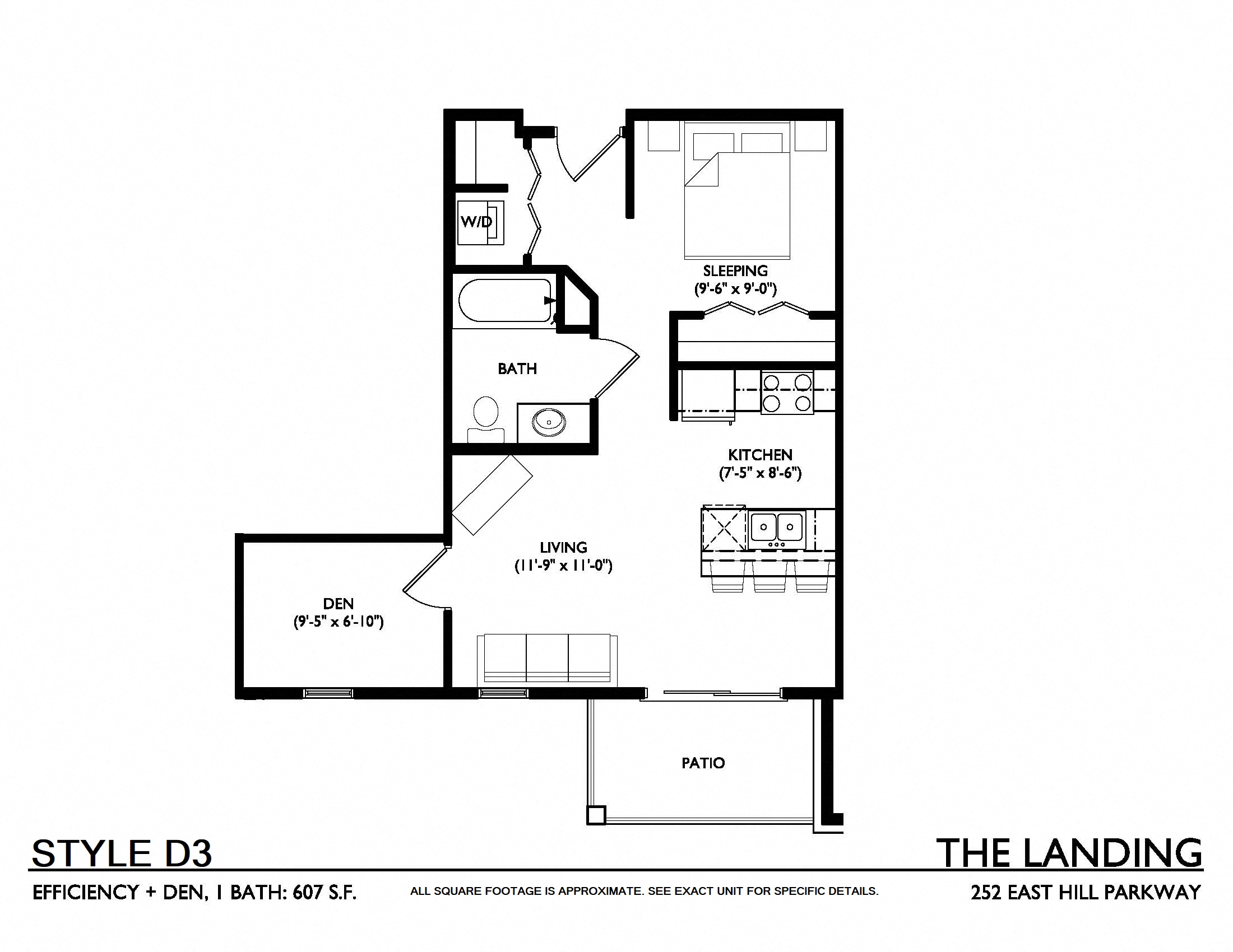 Floor plan for 1 bed, 1 bath, 607 sqft